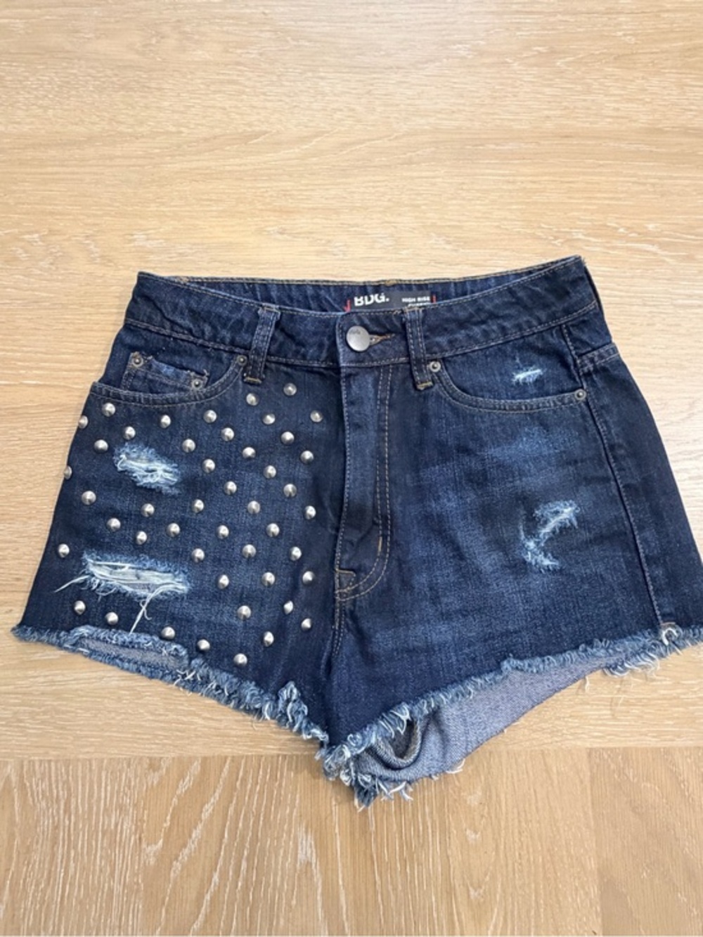 BDG Dark Indigo Studded Distressed High-Rise Denim Shorts